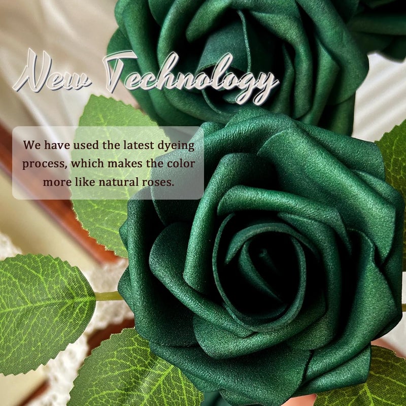 LCiclly 25Pcs Emerald Green Artificial Flowers Foam Fake Dark Hunt Green Rose With Stems 8 Leaves Real Looking Faux Roses For Wedding Bouquets Bridal Shower Centerpieces Arrangements Party Tables Decorations - Image 2