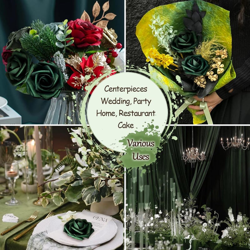 LCiclly 25Pcs Emerald Green Artificial Flowers Foam Fake Dark Hunt Green Rose With Stems 8 Leaves Real Looking Faux Roses For Wedding Bouquets Bridal Shower Centerpieces Arrangements Party Tables Decorations - Image 3