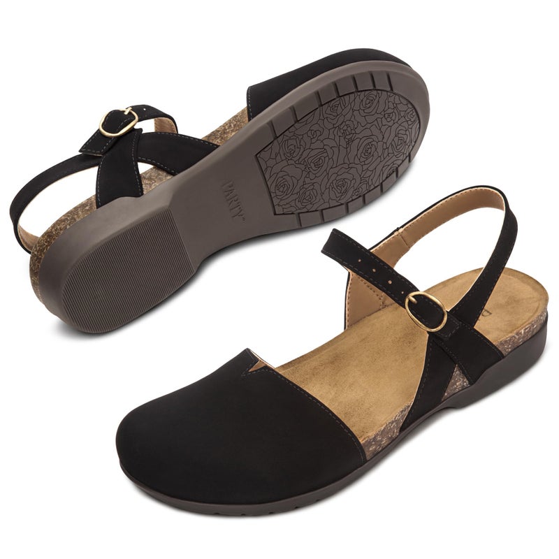 PARTY Closed Toe Sandals Women, Barefoot Arch Support Flat Sandals for Office Work and Travel with Comfortable Cork Footbed,BLACK,9 - Image 5