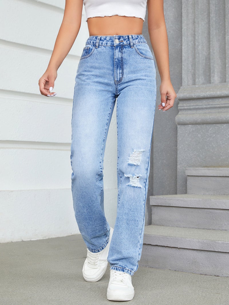 Pre-Sale-35726 # Loose High-Waisted Casual Ripped Straight-Leg Denim Pants - Image 1