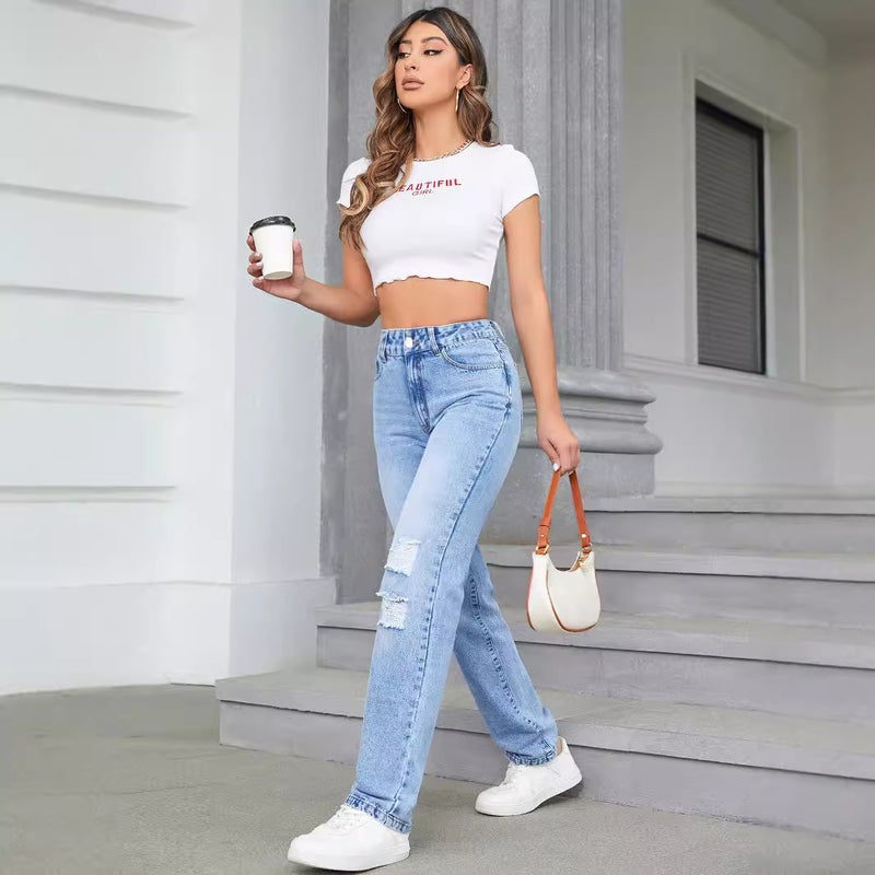 Pre-Sale-35726 # Loose High-Waisted Casual Ripped Straight-Leg Denim Pants - Image 5