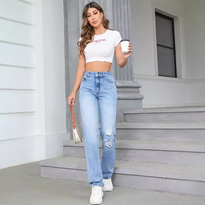 Pre-Sale-35726 # Loose High-Waisted Casual Ripped Straight-Leg Denim Pants - Image 3