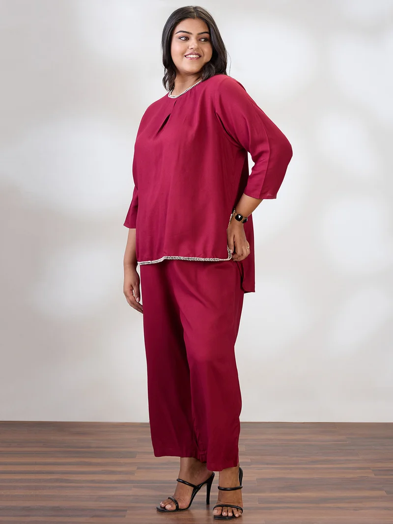 globus Globus Gloplus Women Maroon Round Neck Solid Plus Size Top & Trousers Co-Ord Set