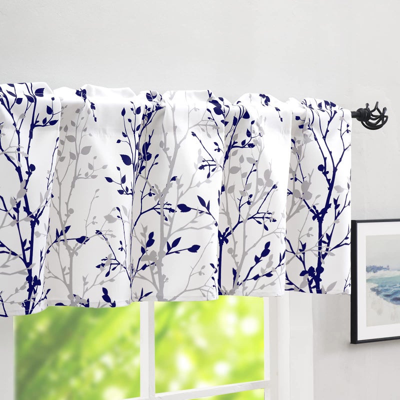 Luvyohmee Tree Branch Printed Curtain Valance 18 inches Long Window Treatment Valance Navy Blue and Grey Window Valances for Kitchen Bathroom Dining Room Bedroom and Kids Room1 Panel