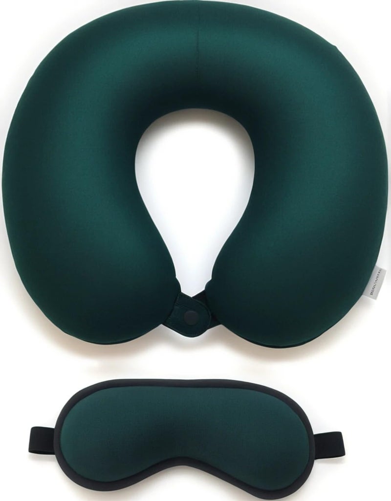 Pumpum Microfiber Travel Pillow with Eye Mask – Soft Neck Support Pillow for Airplane, Car, Train & Office – Compact & Lightweight Travel Essentials Set for Men & Women,Green - Image 1