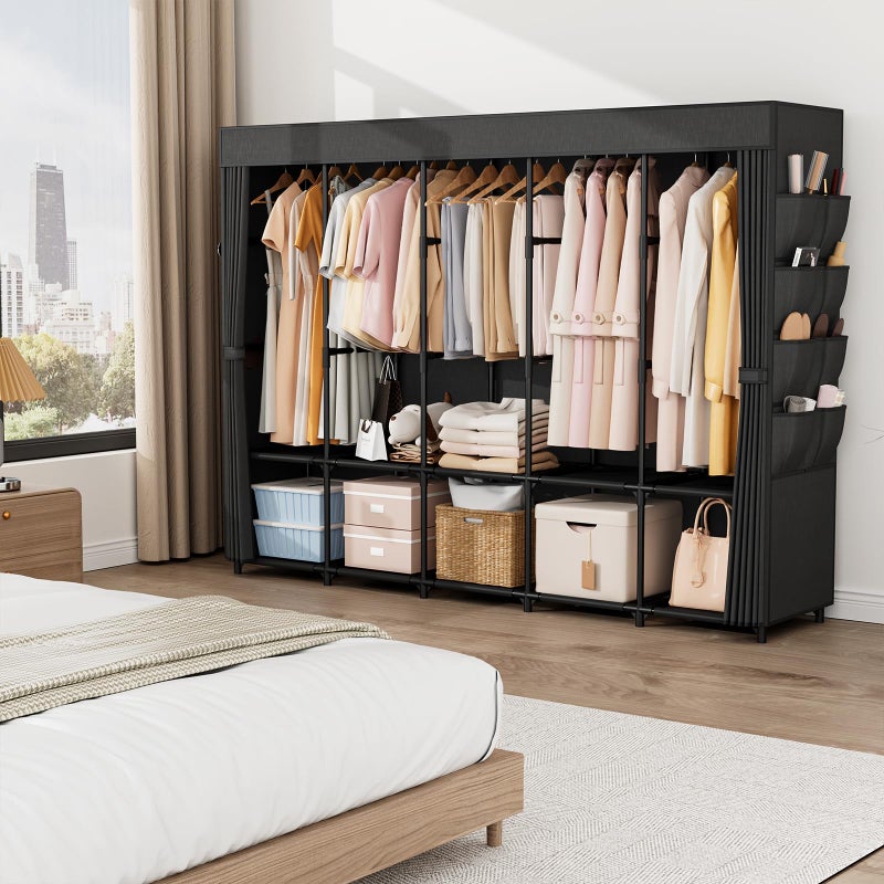 BrFoYu Portable Closet Storage, Portable Wardrobe Closet Organizer Clothes Rack wtih Cover, Hanging Rod, Storage Shelves and Side Pockets, Large Portable Closets for Hanging Clothes, Black - Image 2