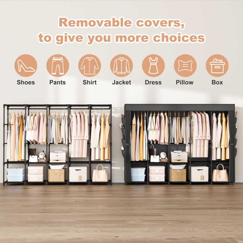 BrFoYu Portable Closet Storage, Portable Wardrobe Closet Organizer Clothes Rack wtih Cover, Hanging Rod, Storage Shelves and Side Pockets, Large Portable Closets for Hanging Clothes, Black - Image 5