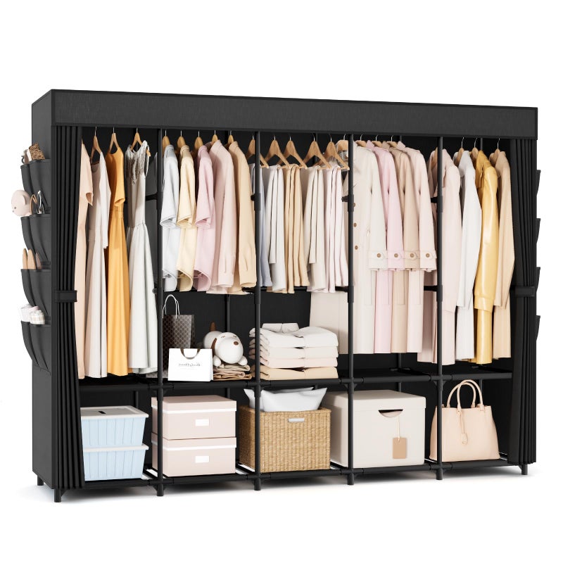 BrFoYu Portable Closet Storage, Portable Wardrobe Closet Organizer Clothes Rack wtih Cover, Hanging Rod, Storage Shelves and Side Pockets, Large Portable Closets for Hanging Clothes, Black - Image 1