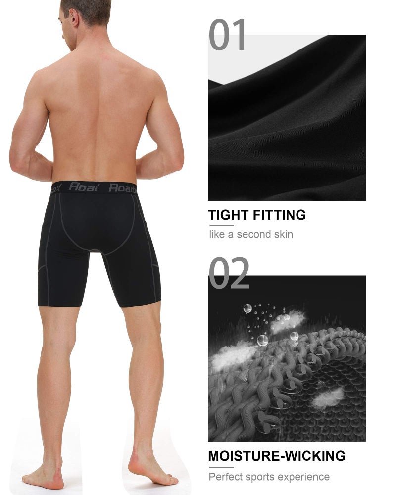 Roadbox Men's Compression Shorts with Pockets, 3 Pack 9'' Performance Running Base Layer for Workout Sports Underwear - Image 4