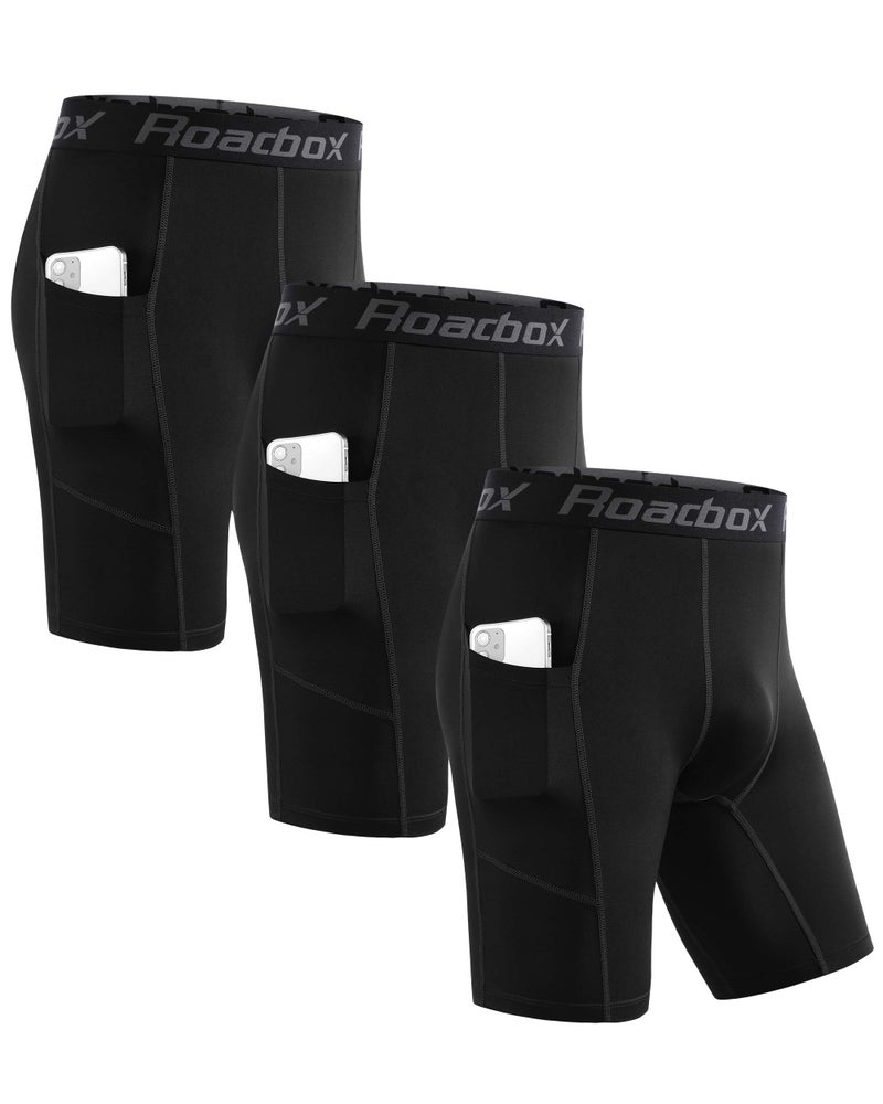 Roadbox Men's Compression Shorts with Pockets, 3 Pack 9'' Performance Running Base Layer for Workout Sports Underwear - Image 1