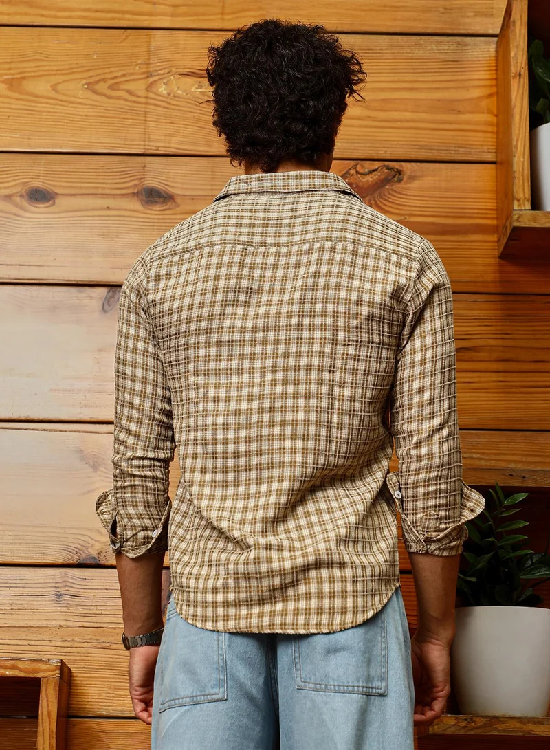 Campus Sutra Men's Chocolate Brown Micro-Plaid Shirt
