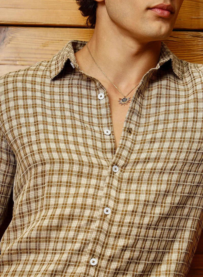 Campus Sutra Men's Chocolate Brown Micro-Plaid Shirt