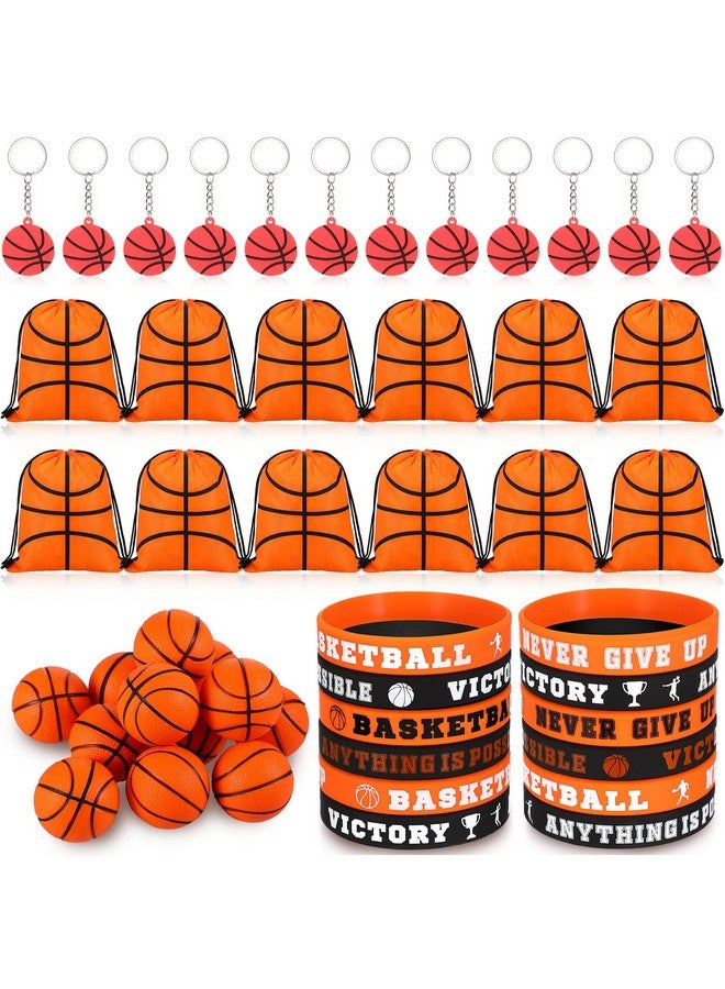 LEIFIDE 48 قطعة من مستلزمات حفلات كرة السلة 12 سوار سيليكون كرة سلة 12 حقيبة سحب للحلويات 12 كرة ضغط صغيرة لكرة السلة و 12 سلسلة مفاتيح لكرة السلة لحفلة عيد الميلاد لكرة السلة - Image 1