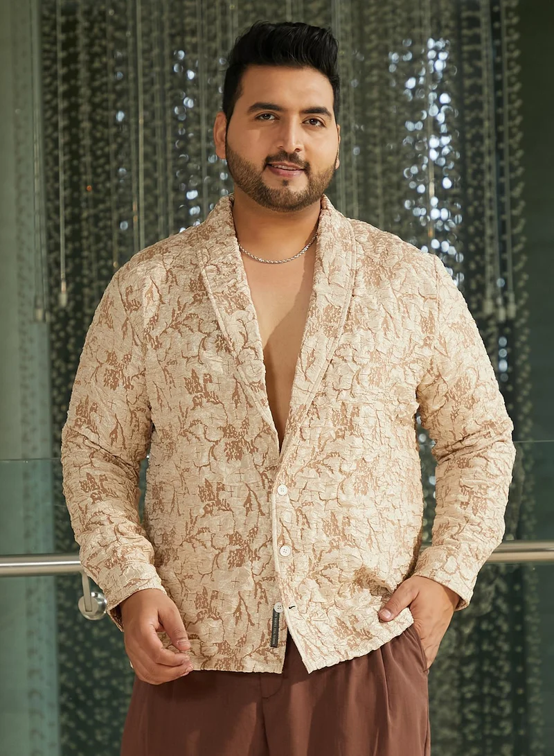 Instafab Plus Instafab Plus Men's Sand Beige Crushed Shawl Collar Relaxed Shirt For Casual Wear | Shawl Collar | Long Cuffed Sleeves | Button Closure | Plus Size Shirt Crafted With Comfort Fit For Everyday Wear