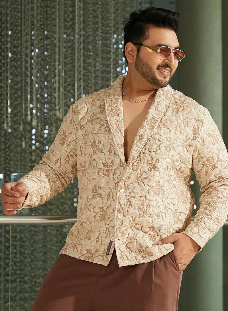 Instafab Plus Instafab Plus Men's Sand Beige Crushed Shawl Collar Relaxed Shirt For Casual Wear | Shawl Collar | Long Cuffed Sleeves | Button Closure | Plus Size Shirt Crafted With Comfort Fit For Everyday Wear