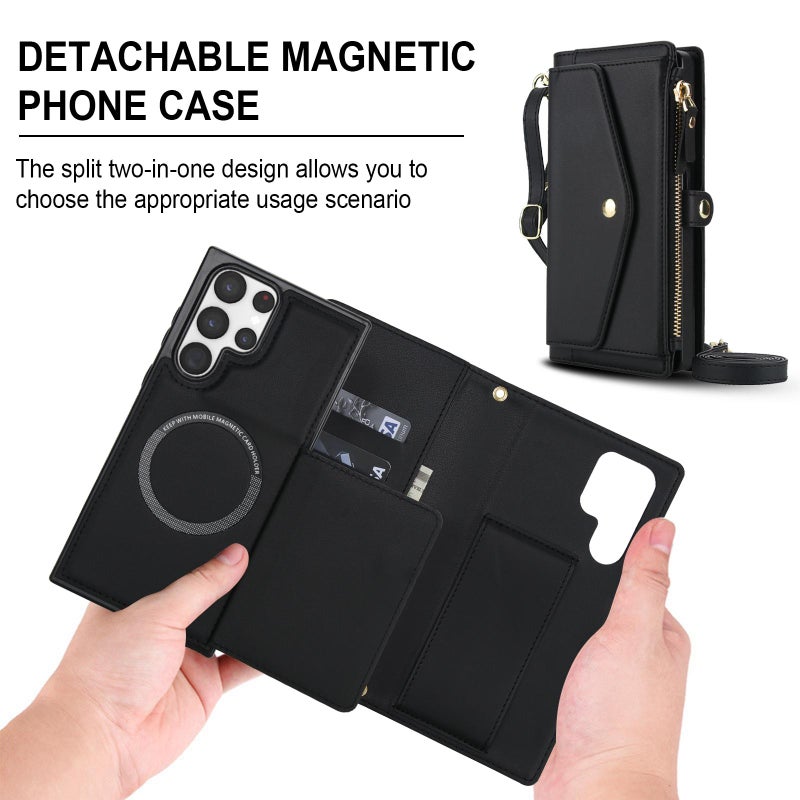 إيروريكس حافظة هاتف جلدية متعددة الوظائف قابلة للفصل مع حبل لهاتف Samsung Galaxy S22 Ultra 5G (أسود) - Image 2