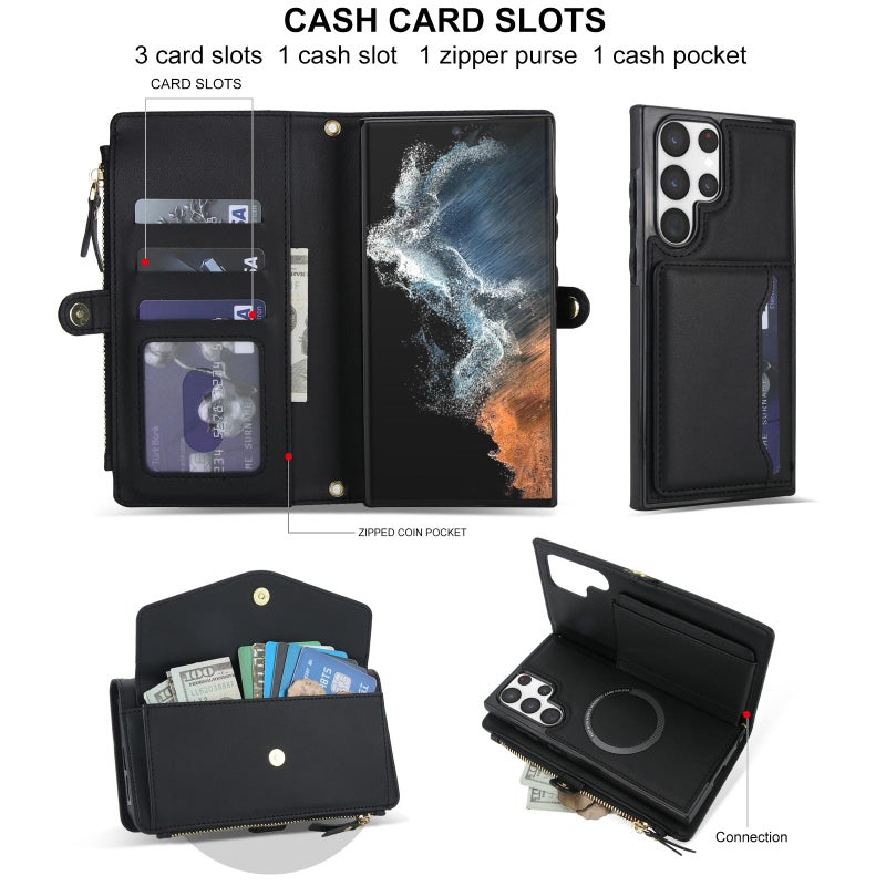 إيروريكس حافظة هاتف جلدية متعددة الوظائف قابلة للفصل مع حبل لهاتف Samsung Galaxy S22 Ultra 5G (أسود) - Image 4
