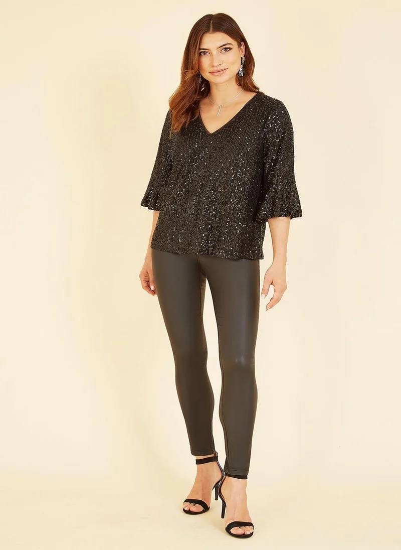 Yumi Navy Blue, White, Beige Black Sequin Top With Fluted Sleeve for Women | Best Price UAE