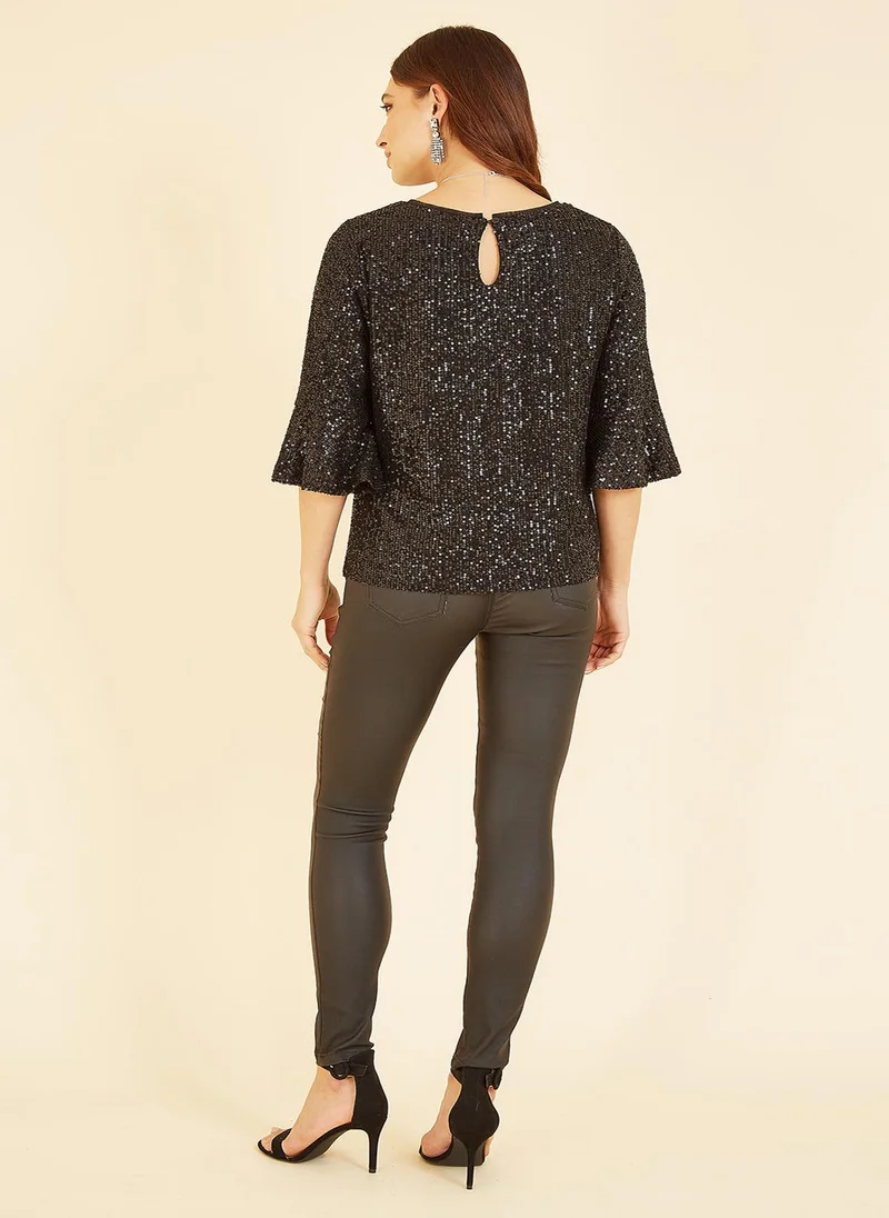 Yumi Navy Blue, White, Beige Black Sequin Top With Fluted Sleeve for Women | Best Price UAE