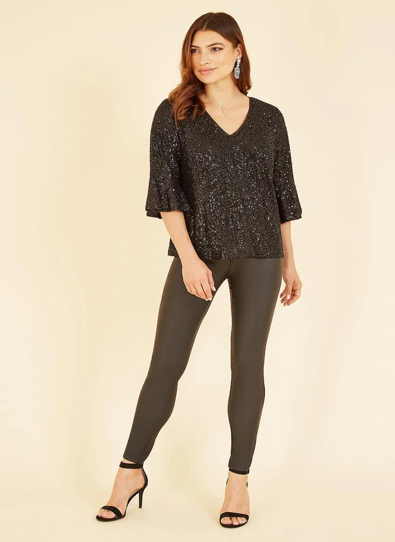 Yumi Navy Blue, White, Beige Black Sequin Top With Fluted Sleeve for Women | Best Price UAE