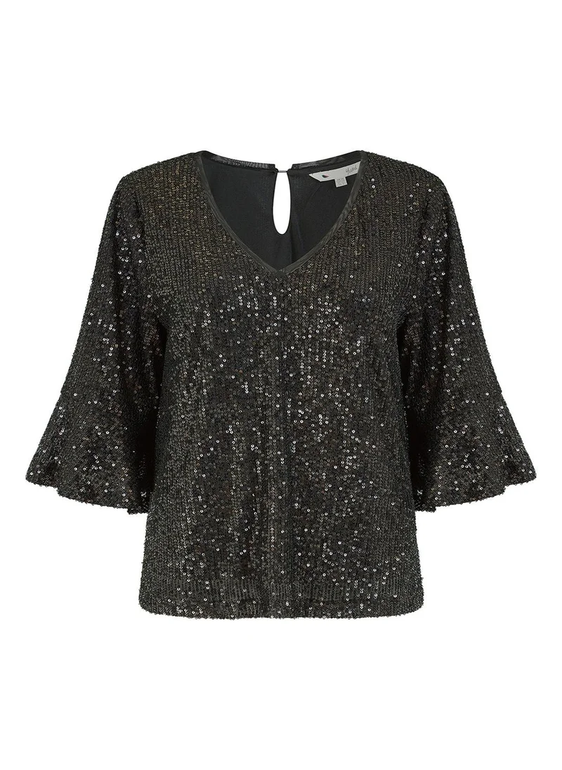 Yumi Navy Blue, White, Beige Black Sequin Top With Fluted Sleeve for Women | Best Price UAE