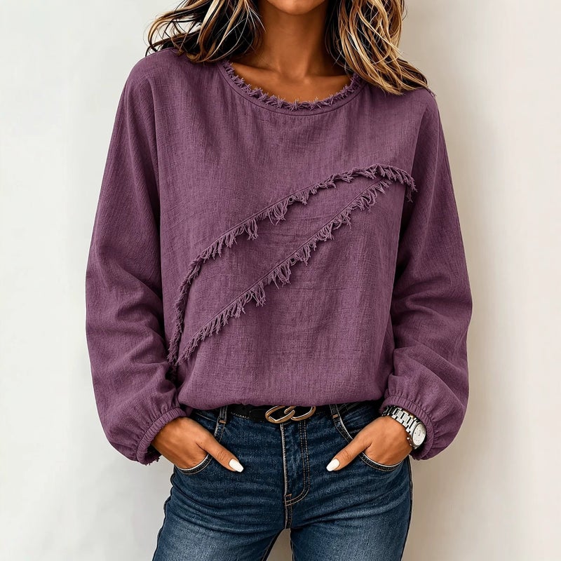 Women's Fringe Trim Round Neck Long Sleeve Loose T-Shirt - Image 1
