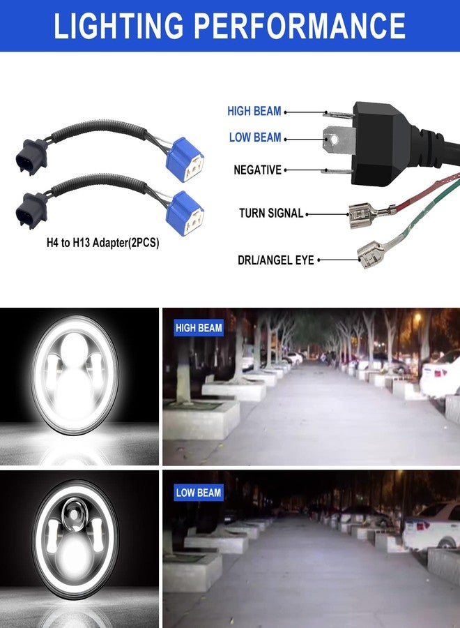 هالة مصابيح أمامية دائرية بتقنية LED من Lirioden، قطعتان، 6000 لومن، 7 بوصات، مصابيح أمامية للطرق الوعرة، عيون بزاوية، مصابيح نهارية، مصابيح إشارة انعطاف كهرمانية، متوافقة مع جيب رانجلر TJ JK CJ مع محول H4 إلى H13، سهلة التركيب والتشغيل - Image 4