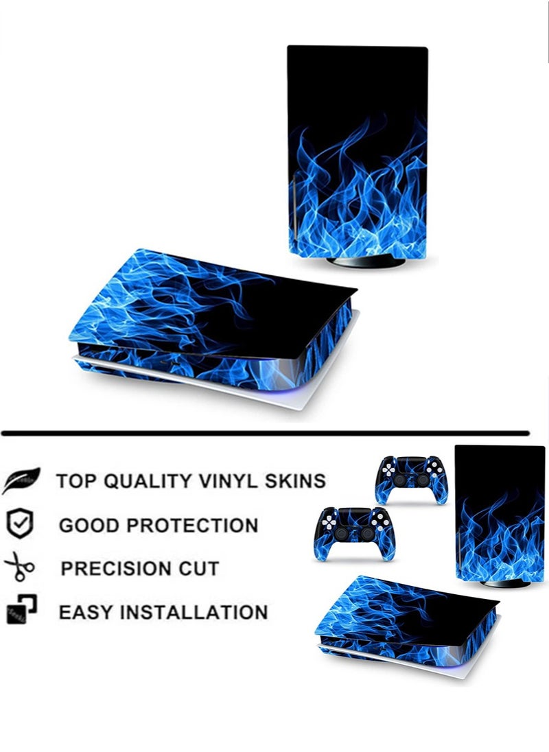 IINE - طقم ملصقات جلدية لجهاز تحكم سوني PS5، ملصق لف الجلد PS5 Disk Edition، ملصق حماية لـ PS5 Blue Ghost Fire، ملصق حماية لإصدار القرص لجهاز PS5، ملصق جلدي للتغليف الكامل. - Image 1