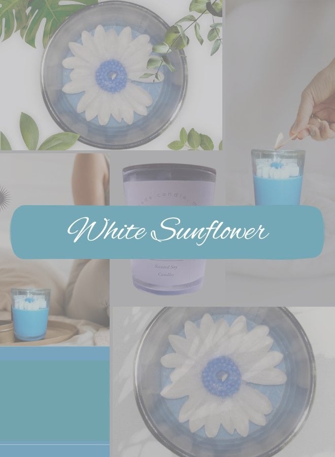 White Sunflower with Blue Seed – Angelia’s Scented Candle | Milky Soy Wax Candle Infused with Good Girl Perfume, Decorated with Palm Wax Sunflower - Image 1