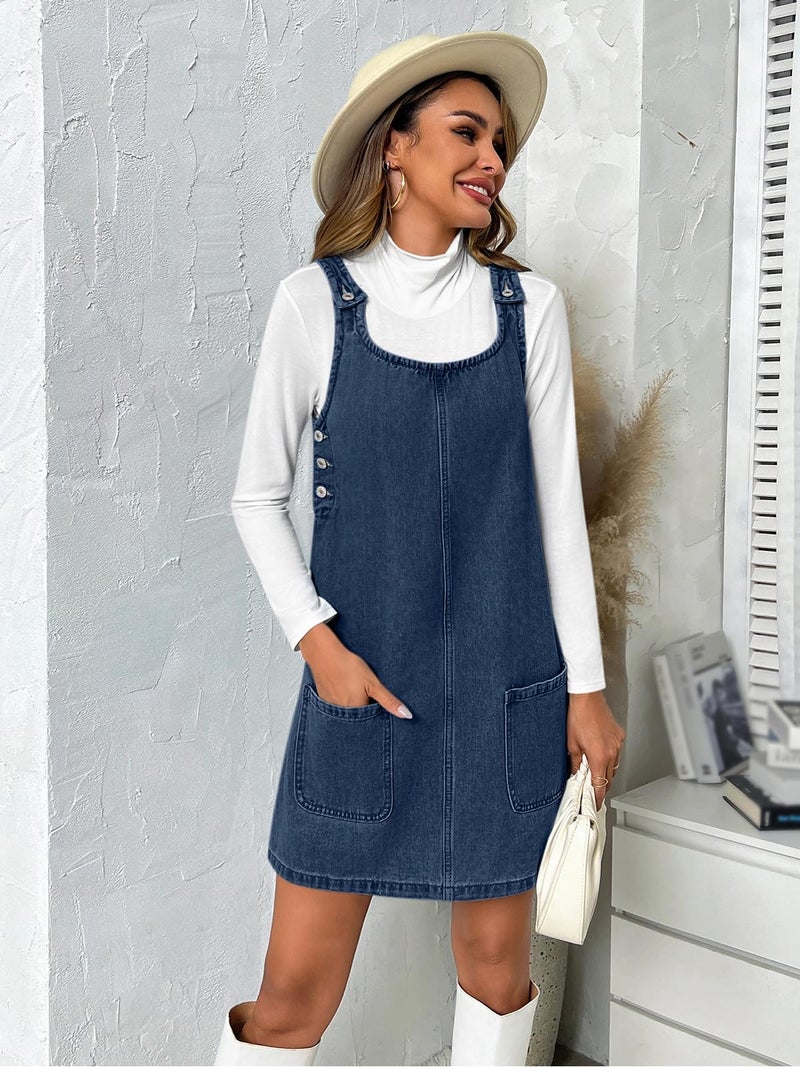 BZB Women's Sleeveless Casual Denim Dress Crewneck Vintage Loose Jean Overall Dress with Pockets Navy Blue - Image 5