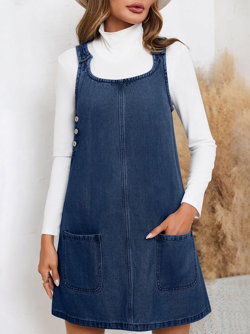 BZB Women's Sleeveless Casual Denim Dress Crewneck Vintage Loose Jean Overall Dress with Pockets Navy Blue - Image 2