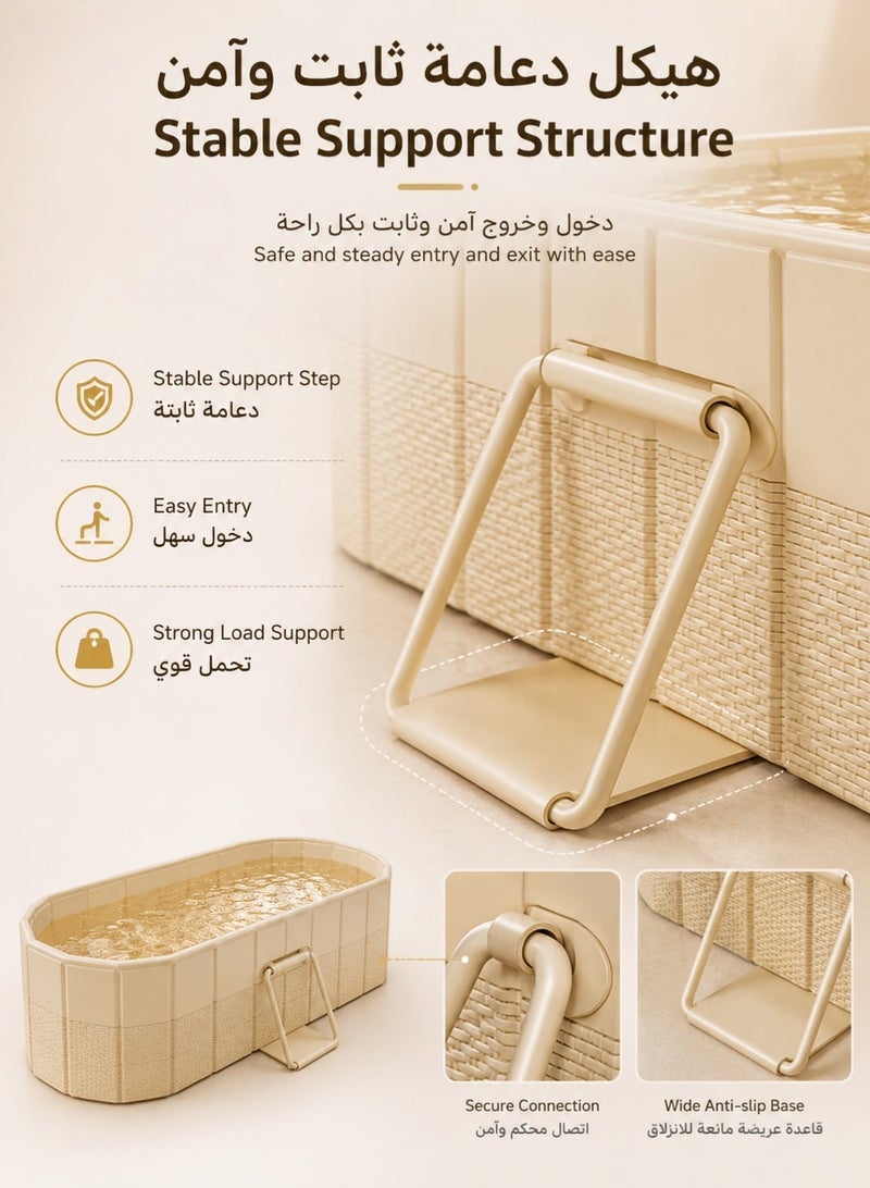 الحلم حوض استحمام قابل للطي مقاس 1.5 متر للبالغين، حوض استحمام منزلي متنقل مع سلم صغير ووسادة قابلة للنفخ وخرطوم تصريف، حوض استحمام كبير موفر للمساحة للاسترخاء في الحمام أو غرفة النوم، لون ذهبي شمبانيا - Image 5