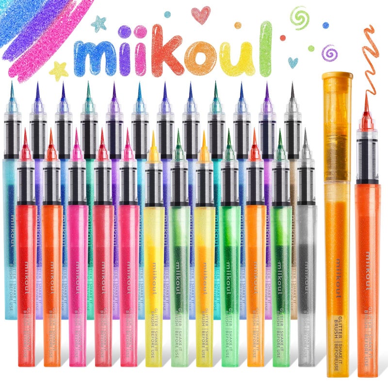 miikoul 24 Colors Glitter Brush Markers Pen, Fine Tip for Both Precision Detailing and Broad Coverage Sparkly Pait Pen for Drawing Birthday Greeting Cards Crafts Scrapbooking Diy Projects on Paper - Image 1