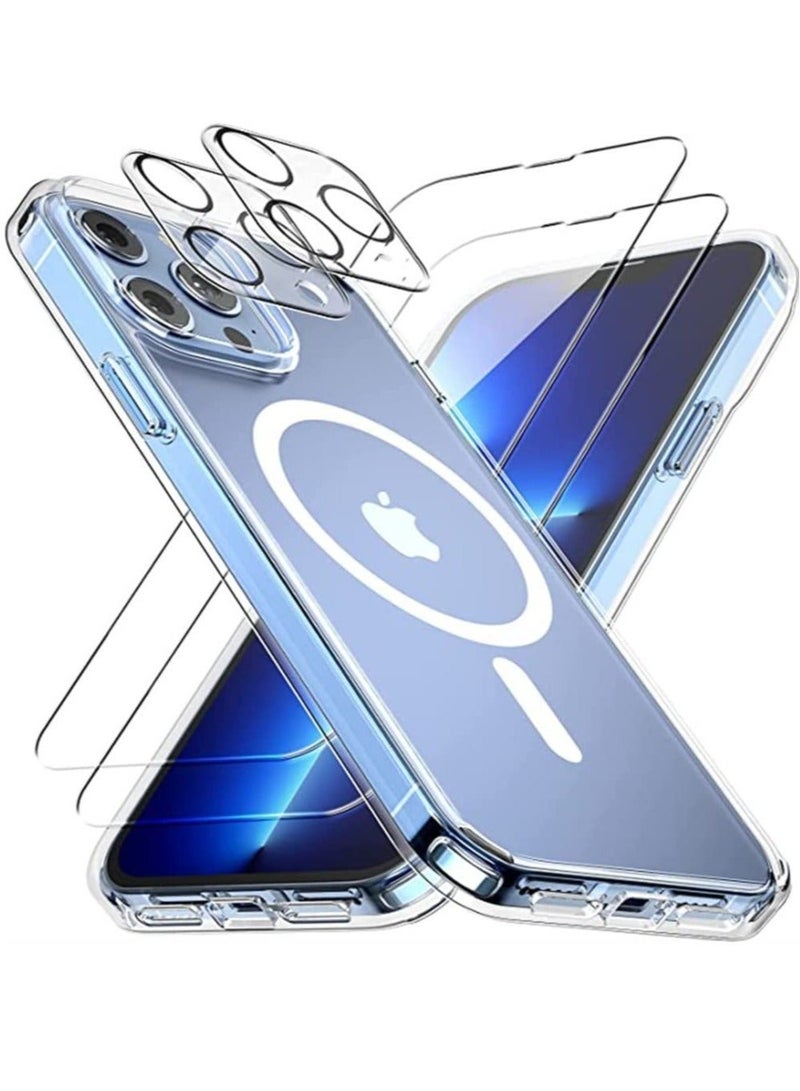[1+2+2] Case for iPhone 14 Pro, with 2 Pcs Tempered Glass Screen Protector + 2 Pcs Camera Lens Protector, Clear Magnetic Phone Cover for Mag-Safe (Not Original) (iPhone 14 Pro, Magnetic Clear) - Image 1