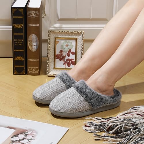 shoeslocker Womens Memory Foam Fuzzy Slippers Knitted House Slippers for Women Comfy Slip-On Warm House Shoes, grey size 8 - Image 2