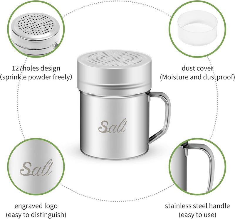 ZERUIDM Stainless Steel Salt and Pepper Shakers Set, 10 OZ Seasoning Spice Shaker with Lid and Handle 127 Holes, Metal Dredge Shaker for Powder Sugar Cooking Kitchen Baking (2 Pieces) - Image 2
