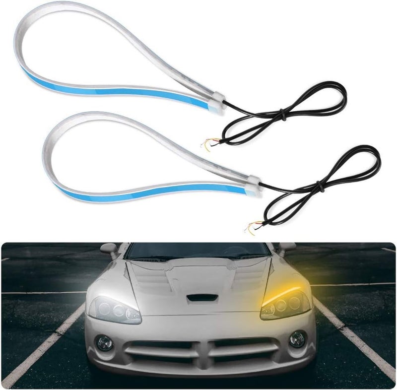 كلاراكو شريط مصابيح أمامية LED خارجية DRL، قطعتان، 24 بوصة، مقاوم للماء وقابل للقطع، شرائط إضاءة نهارية مرنة، مصابيح إشارة انعطاف للسيارة، مصباح زخرفي ثنائي اللون أبيض كهرماني، تيار مستمر 12 فولت - Image 1