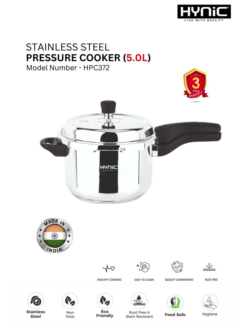 HYNIC Stainless Steel Pressure Cooker - 5.0 Litre, Model HPC372, Induction & Gas Stove Compatible - Image 1