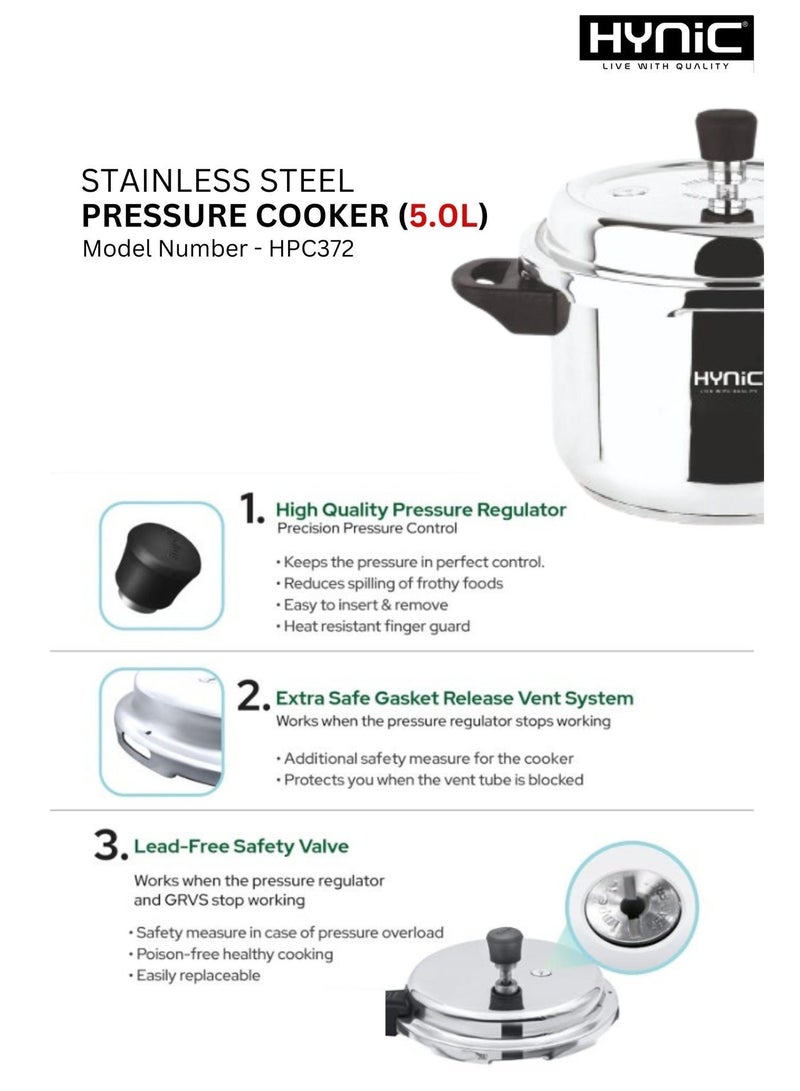 HYNIC Stainless Steel Pressure Cooker - 5.0 Litre, Model HPC372, Induction & Gas Stove Compatible - Image 3