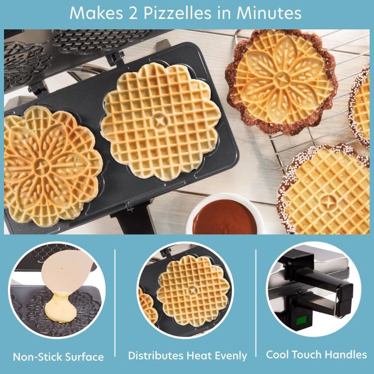 CucinaPro Pizzelle Maker- Nonstick Electric Holiday Baker Press Makes Two 5-Inch Cookies at Once- Christmas Baking Supplies for Party- Italian Dessert Treat Making with Recipe Guide- Cookie Swap Gift for Her - Image 2