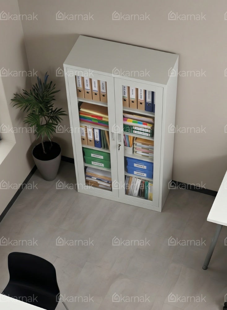 كرنك خزانة كارناك كوربن معدنية ببابين زجاج مع قفل | دولاب ملفات للتخزين للمكتب والمنزل والمدرسة (رمادي) - Image 4