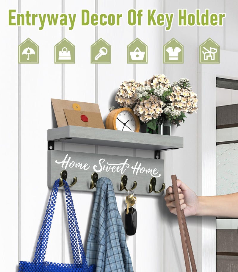 buways Key Holder Wall Mount with 4 Double Hooks-Solid Wood Wall-Mounted Organizer for Keys&Mail Rustic Key Rack Hanger Holder Home Decor for Entryway Living Room (Gray) - Image 5
