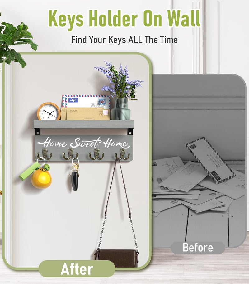 buways Key Holder Wall Mount with 4 Double Hooks-Solid Wood Wall-Mounted Organizer for Keys&Mail Rustic Key Rack Hanger Holder Home Decor for Entryway Living Room (Gray) - Image 3