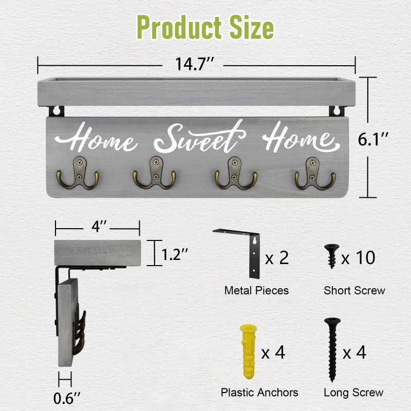 buways Key Holder Wall Mount with 4 Double Hooks-Solid Wood Wall-Mounted Organizer for Keys&Mail Rustic Key Rack Hanger Holder Home Decor for Entryway Living Room (Gray) - Image 4