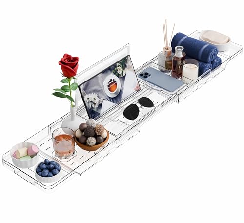 Yieach Luxury Clear Bathtub Shelf Across Tub,Expandable Plastic Bathtub Tray Over The Tub Bath Caddy,Free Standing Bath Table Board & Accessories for Women Relaxing with Reading Book and Ipad Holder - Image 1