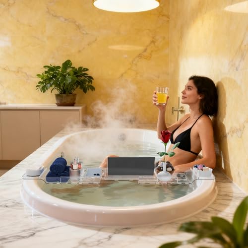 Yieach Luxury Clear Bathtub Shelf Across Tub,Expandable Plastic Bathtub Tray Over The Tub Bath Caddy,Free Standing Bath Table Board & Accessories for Women Relaxing with Reading Book and Ipad Holder - Image 2
