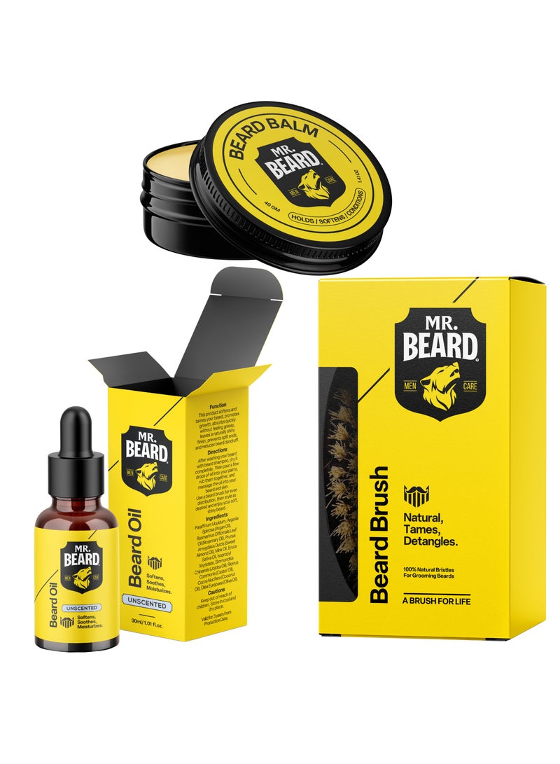 Mr.Beard Complete Beard Care Kit Beard Brush + Beard Balm + Unscented Beard Oil - Image 1
