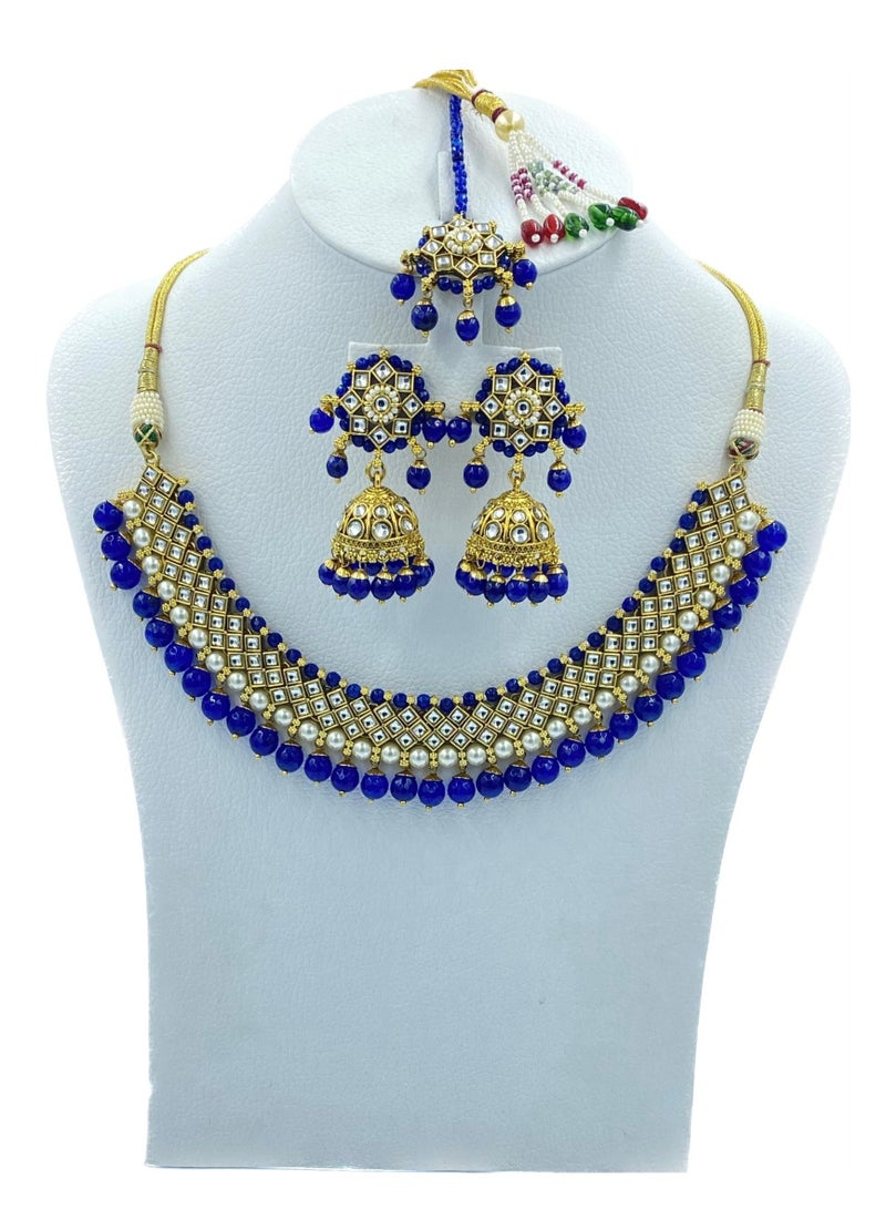 GOHONA Royal Bling Bollywood Traditional Indian Kundan Jewellery Necklace With Earrings Set and 1 Tikka in Royal blue colour - Image 1