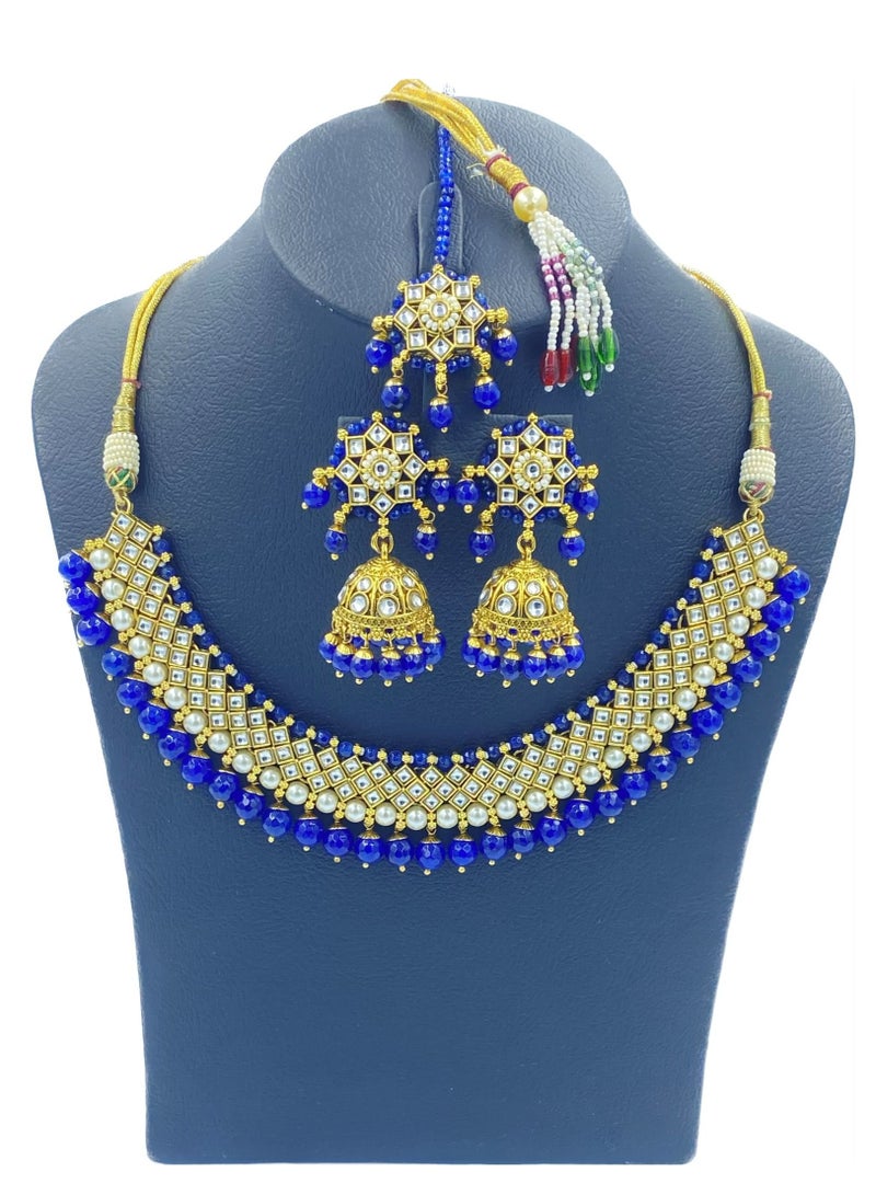 GOHONA Royal Bling Bollywood Traditional Indian Kundan Jewellery Necklace With Earrings Set and 1 Tikka in Royal blue colour - Image 2