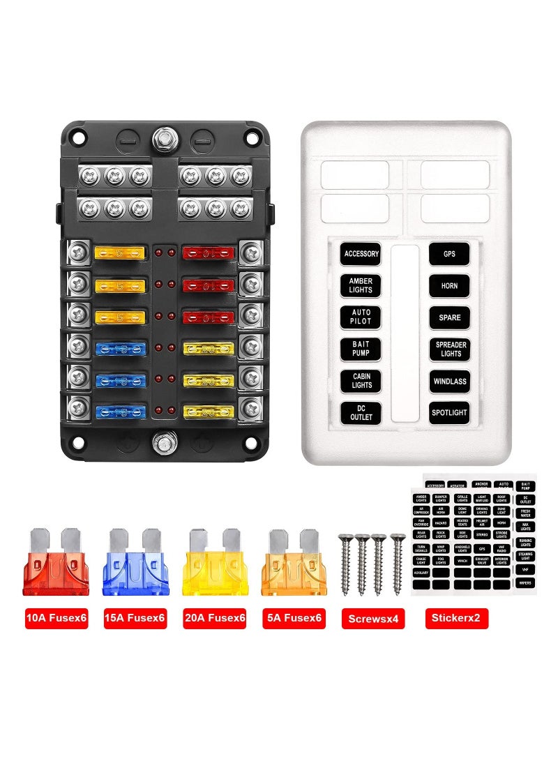 SYOSI 12 Way Blade Fuse Block, 12V Automotive Fuse Box Holder, Waterproof Cover with Negative Bus Fuse Panel LED Indicator for Automotive Car Truck Boat Marine RV Van - Image 1
